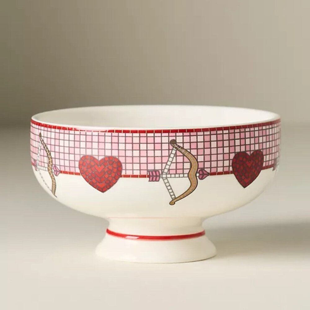 Anthropologie Bistro Tile Nut Bowl Valentine’s Heart Bow Arrow Stoneware Mosaic